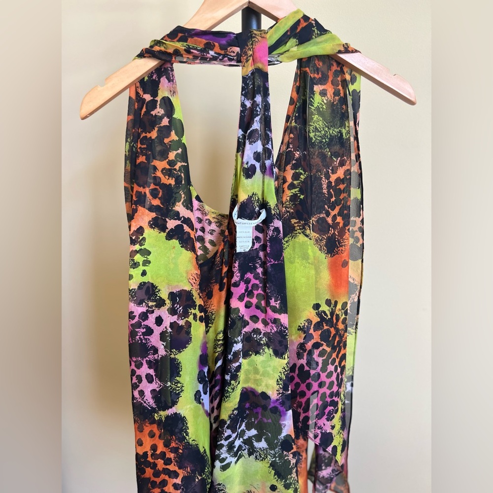 Diane Von Furstenberg Blouse with Scarf Silk Sleeveless Print Multicolor Size 10 - Picture 10 of 15